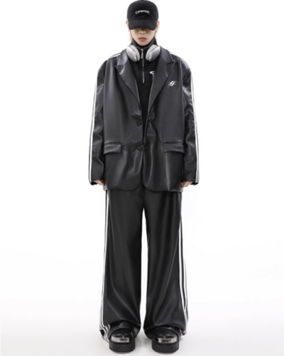 Mr Nearly Casual Three Bar Stripes PU Blazer & Pants Set Korean Street Fashion Clothing Set By Mr Nearly Shop Online at OH Vault