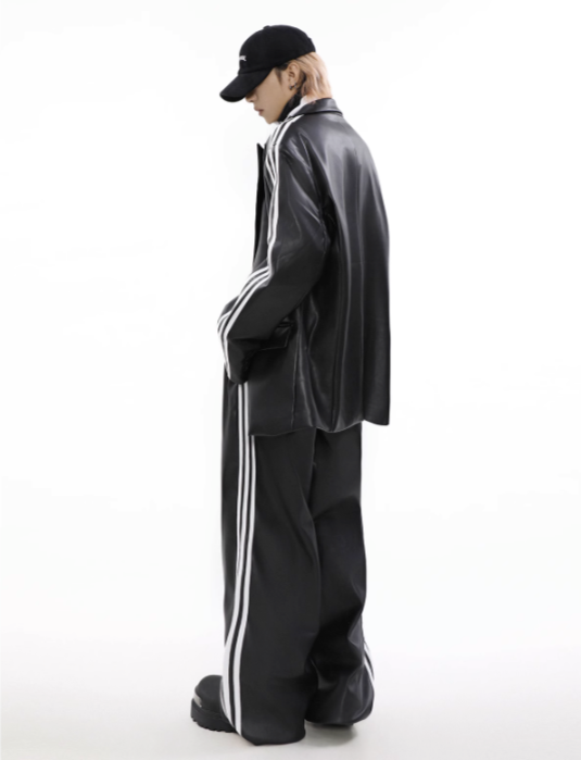 Casual Three Bar Stripes PU Blazer & Pants Set Korean Street Fashion Clothing Set By Mr Nearly Shop Online at OH Vault