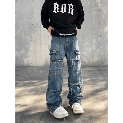 Zipper Pockets Cargo Jeans Korean Street Fashion Jeans By A PUEE Shop Online at OH Vault