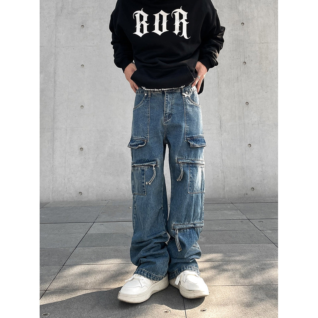 Zipper Pockets Cargo Jeans Korean Street Fashion Jeans By A PUEE Shop Online at OH Vault