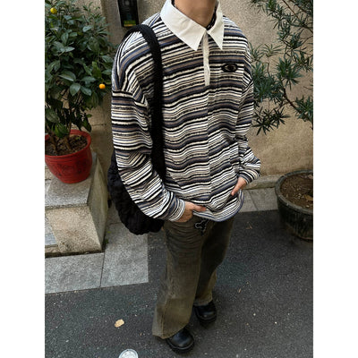 Striped Texture Long Sleeve Polo Korean Street Fashion Polo By MaxDstr Shop Online at OH Vault