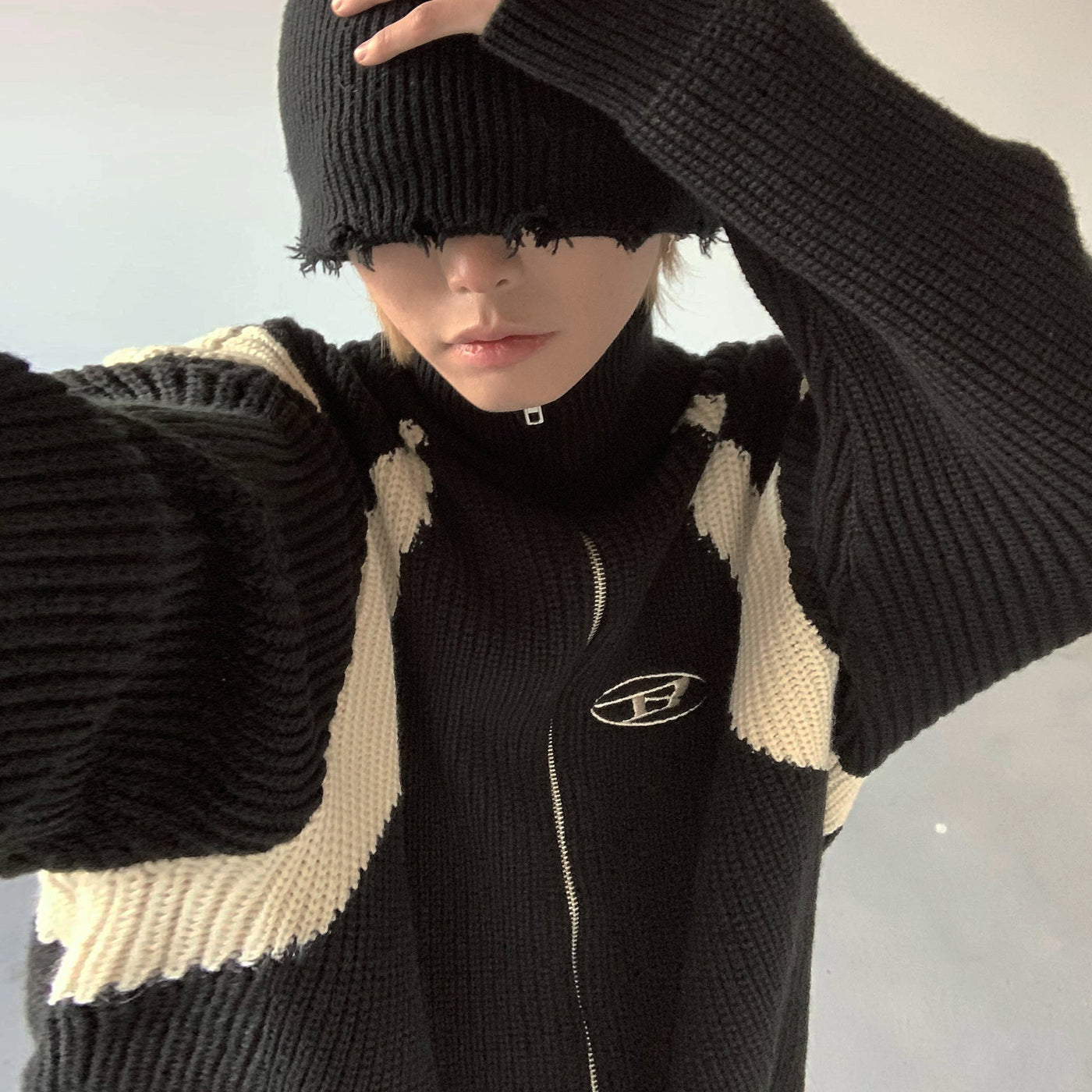 Contrast Zipped Knit Cardigan Korean Street Fashion Cardigan By Ash Dark Shop Online at OH Vault
