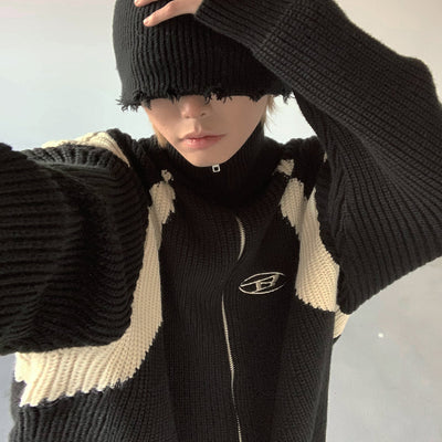 Ash Dark Contrast Zipped Knit Cardigan Korean Street Fashion Cardigan By Ash Dark Shop Online at OH Vault