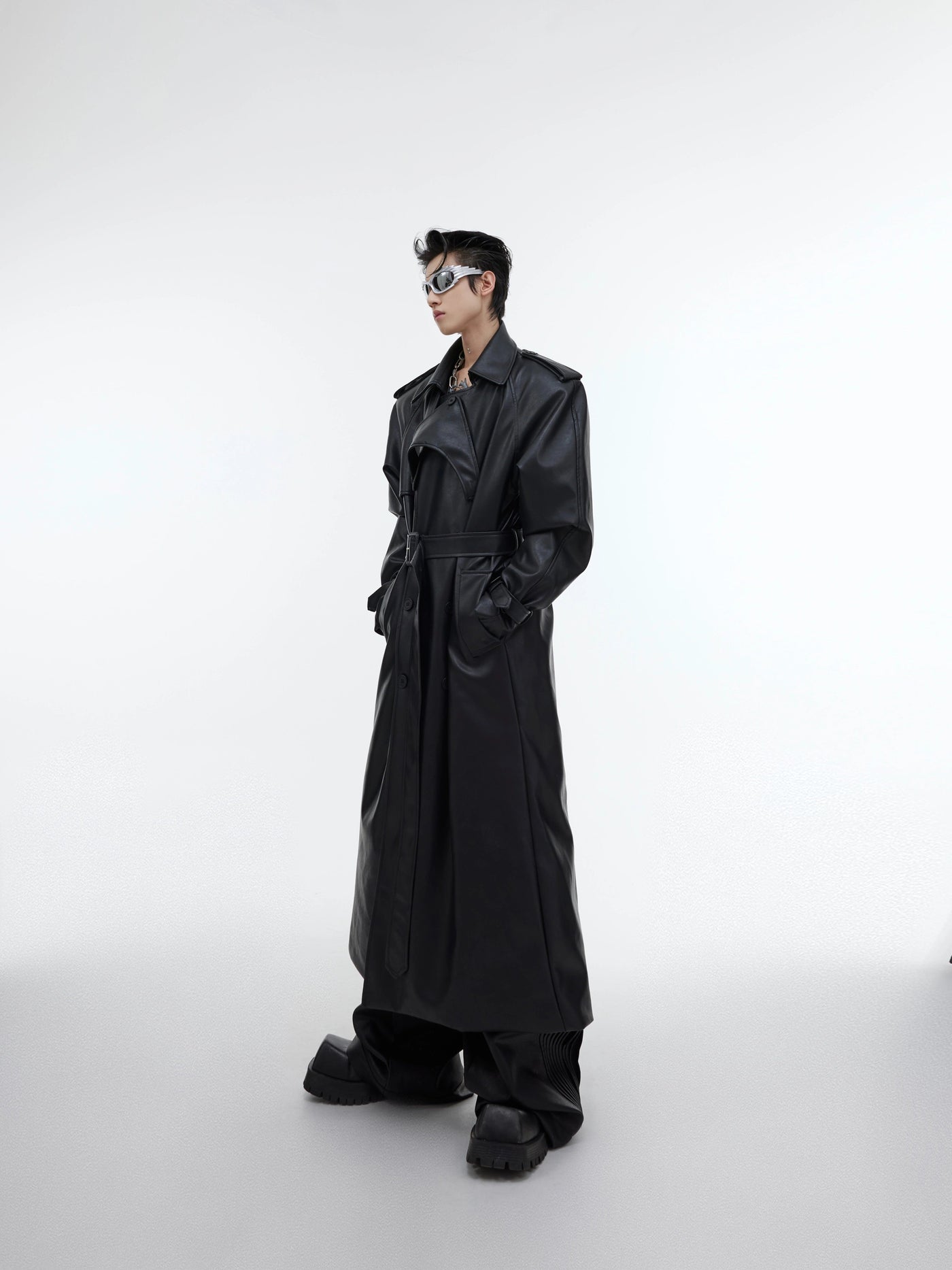 Strap PU Leather Long Coat Korean Street Fashion Long Coat By Argue Culture Shop Online at OH Vault