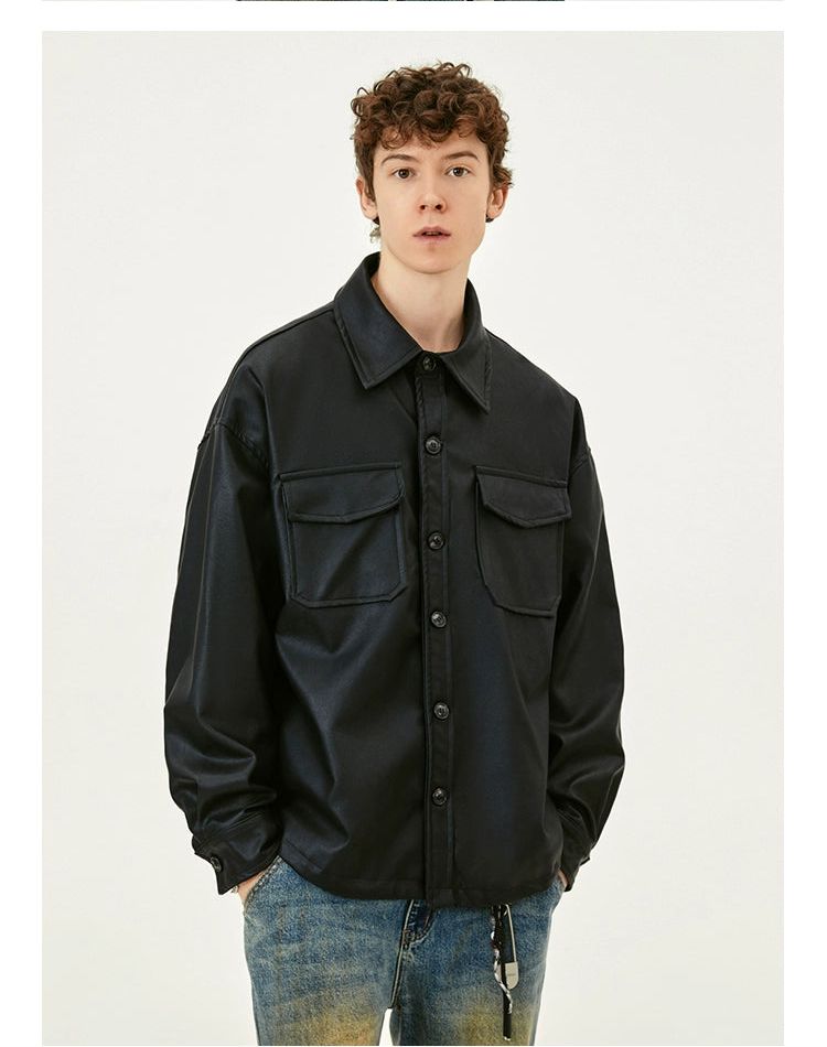 Drop Shoulder Flap Pocket PU Leather Shirt Korean Street Fashion Shirt By Made Extreme Shop Online at OH Vault