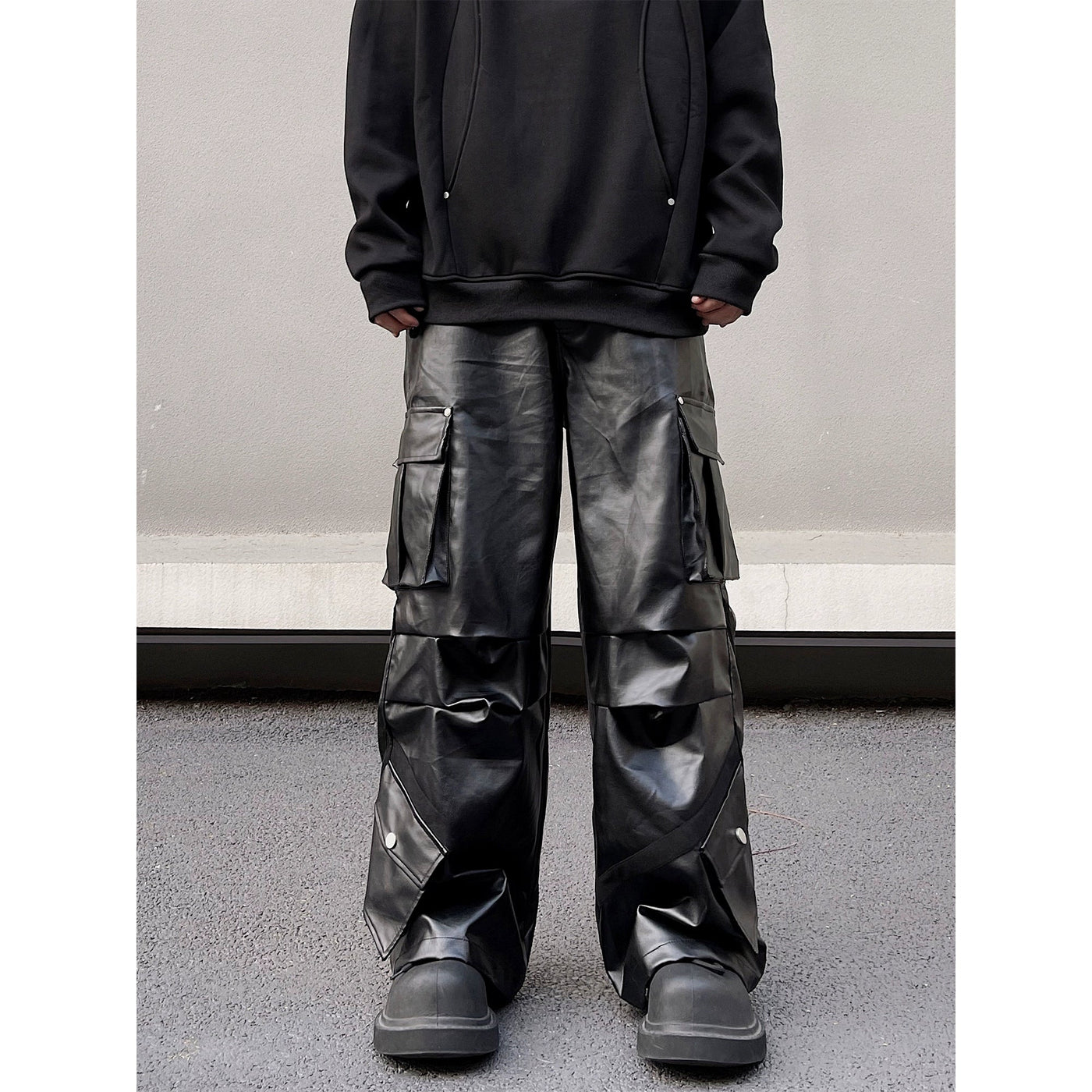Pleated Wide Cargo Leather Pants Korean Street Fashion Pants By Blacklists Shop Online at OH Vault
