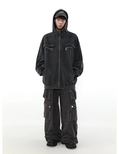 Washed Ribbed Hem Zip-Up Hoodie Korean Street Fashion Hoodie By Mr Nearly Shop Online at OH Vault