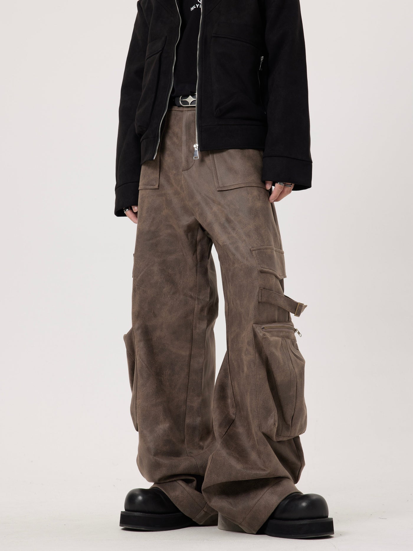 Washed Buckle Strap Cargo Leather Pants Korean Street Fashion Pants By Dark Fog Shop Online at OH Vault