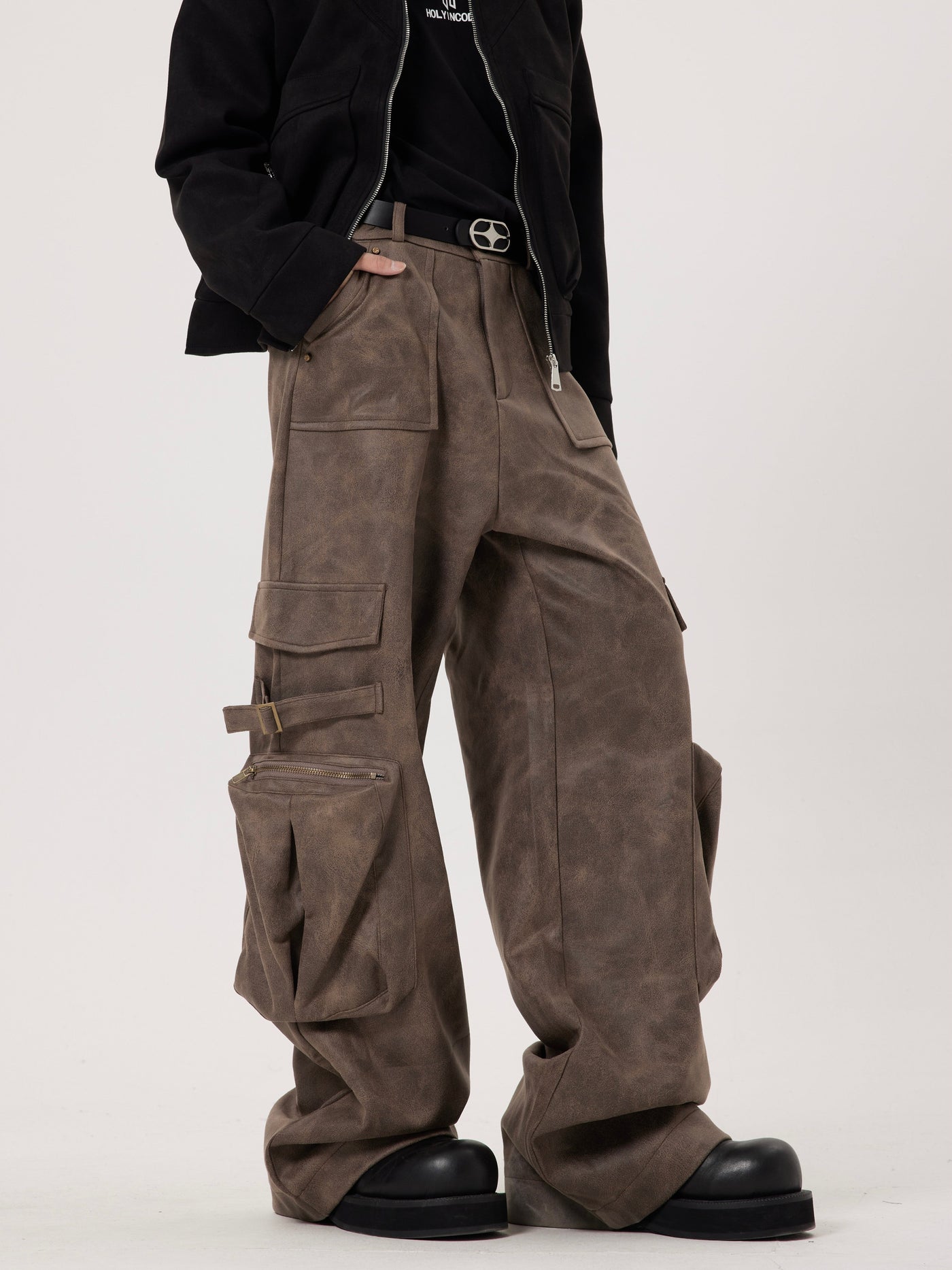 Dark Fog Washed Buckle Strap Cargo Leather Pants Korean Street Fashion Pants By Dark Fog Shop Online at OH Vault