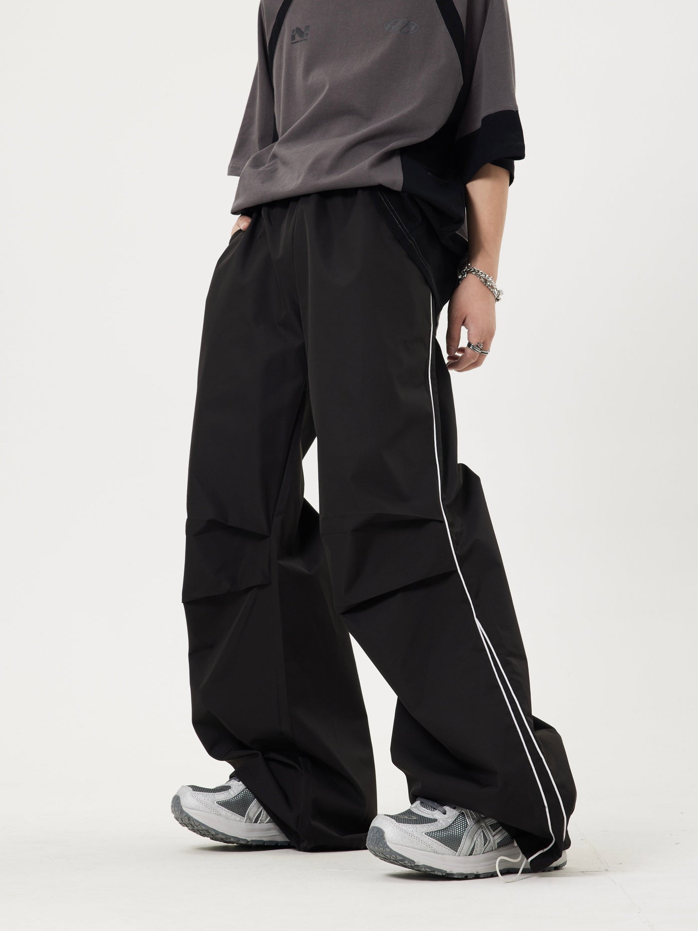 Piping Contrast Pleated Wide Cut Pants Korean Street Fashion Pants By Dark Fog Shop Online at OH Vault