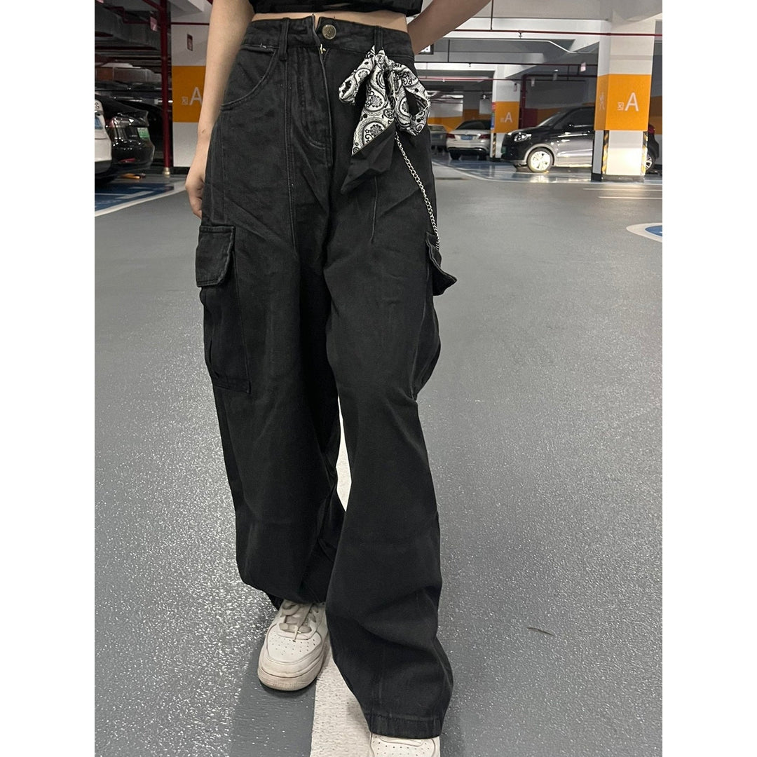 Black cargo chain pants fashion