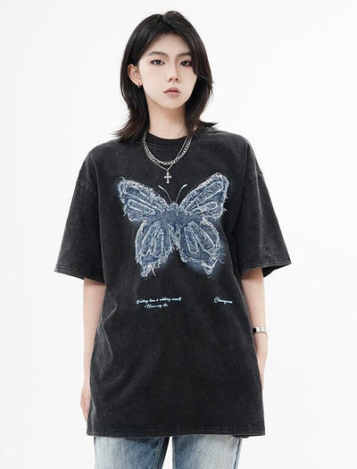 Patched Butterfly T-Shirt Korean Street Fashion T-Shirt By Made Extreme Shop Online at OH Vault