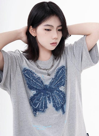 Patched Butterfly T-Shirt Korean Street Fashion T-Shirt By Made Extreme Shop Online at OH Vault