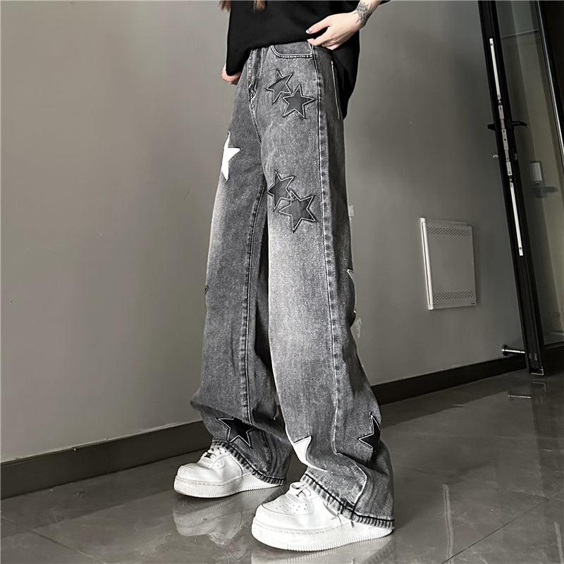 Star Patched Washed Jeans Korean Street Fashion Jeans By Made Extreme Shop Online at OH Vault