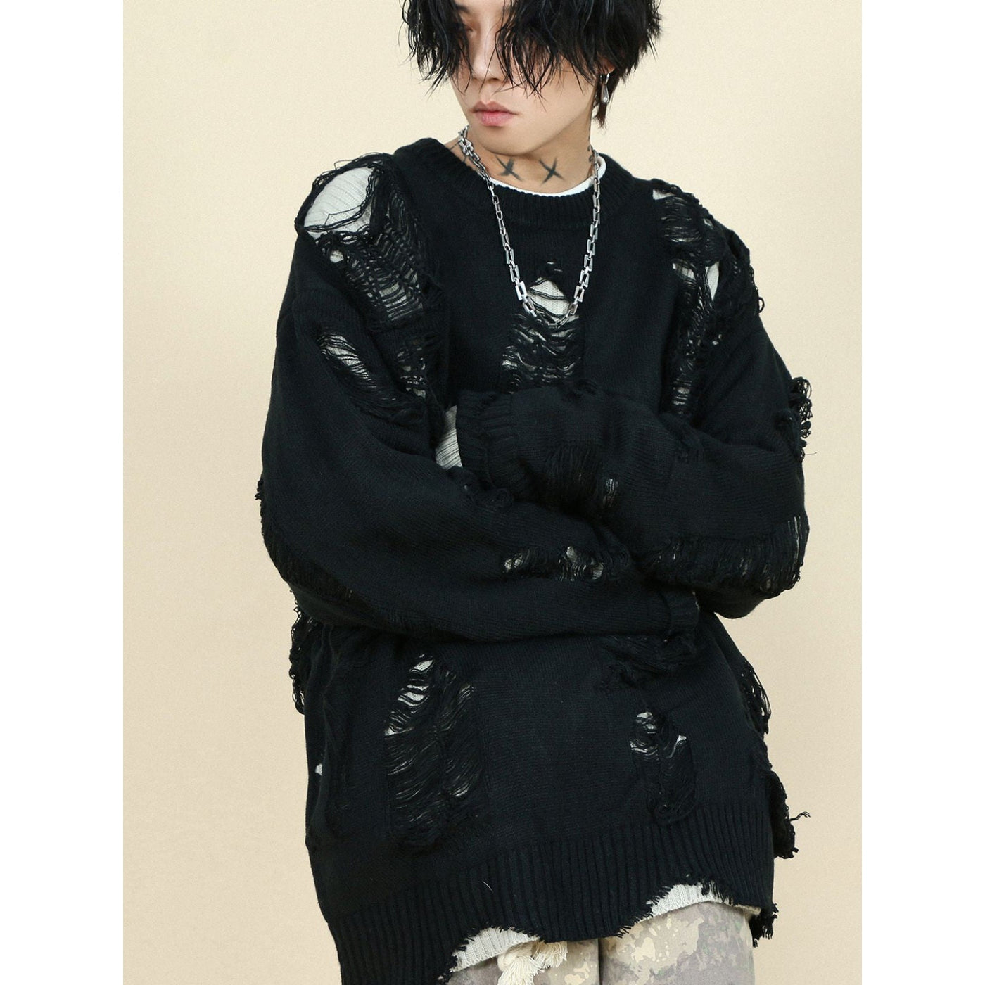 Mr. Nearly Ripped Effect Crewneck Korean Street Fashion Crewneck By Mr Nearly Shop Online at OH Vault