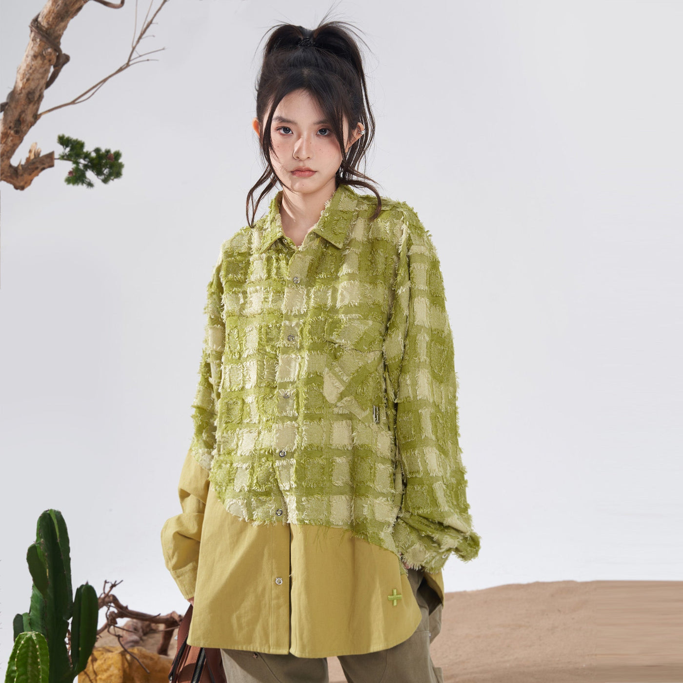 Plaid Curved Hem Long Sleeve Shirt Korean Street Fashion Shirt By New Start Shop Online at OH Vault